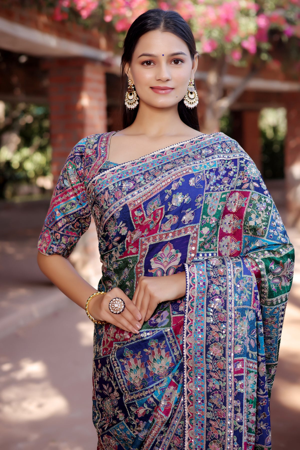 Blue Modal Silk Printed Saree with Sequin Embroidery Work - blue silk saree embroidery