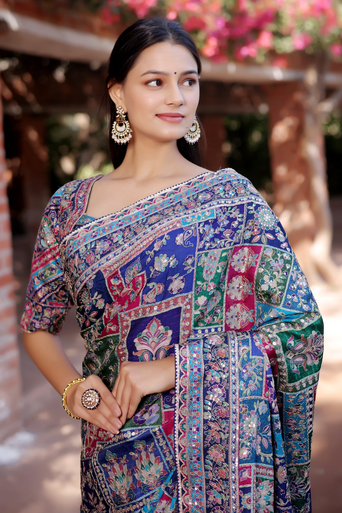 Blue Modal Silk Printed Saree with Sequin Embroidery Work - blue silk saree embroidery