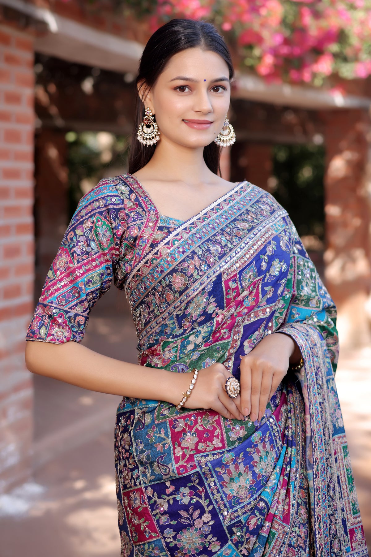 Blue Modal Silk Printed Saree with Sequin Embroidery Work - blue silk saree embroidery