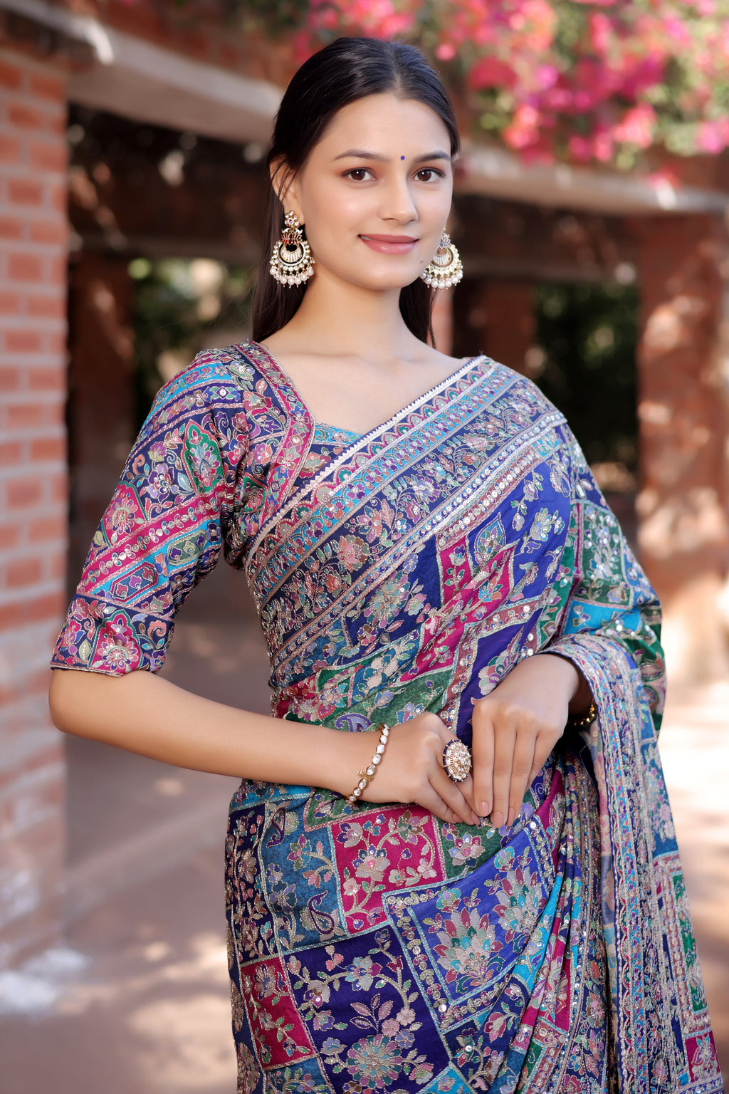 Blue Modal Silk Printed Saree with Sequin Embroidery Work - blue silk saree embroidery