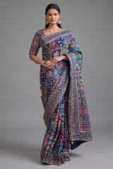 Blue Modal Silk Printed Saree with Sequin Embroidery Work