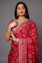 Red Silk Printed Saree with Sequin Embroidery Work - red silk saree embroidery