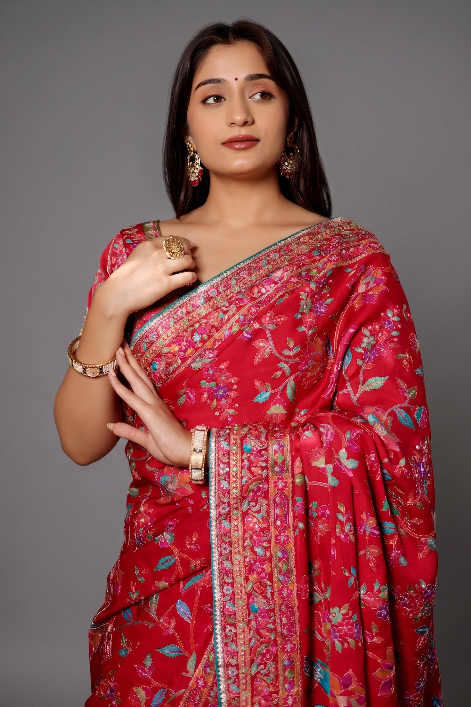 Red Silk Printed Saree with Sequin Embroidery Work - red silk saree embroidery