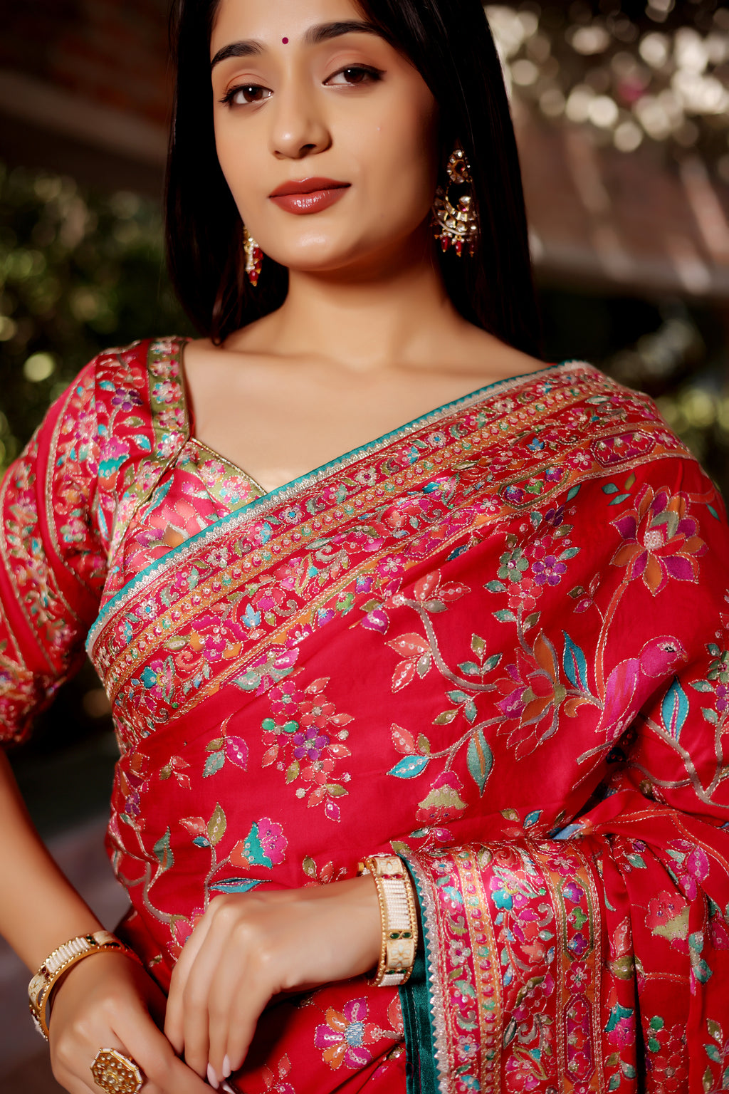 Red Silk Printed Saree with Sequin Embroidery Work - red silk saree embroidery