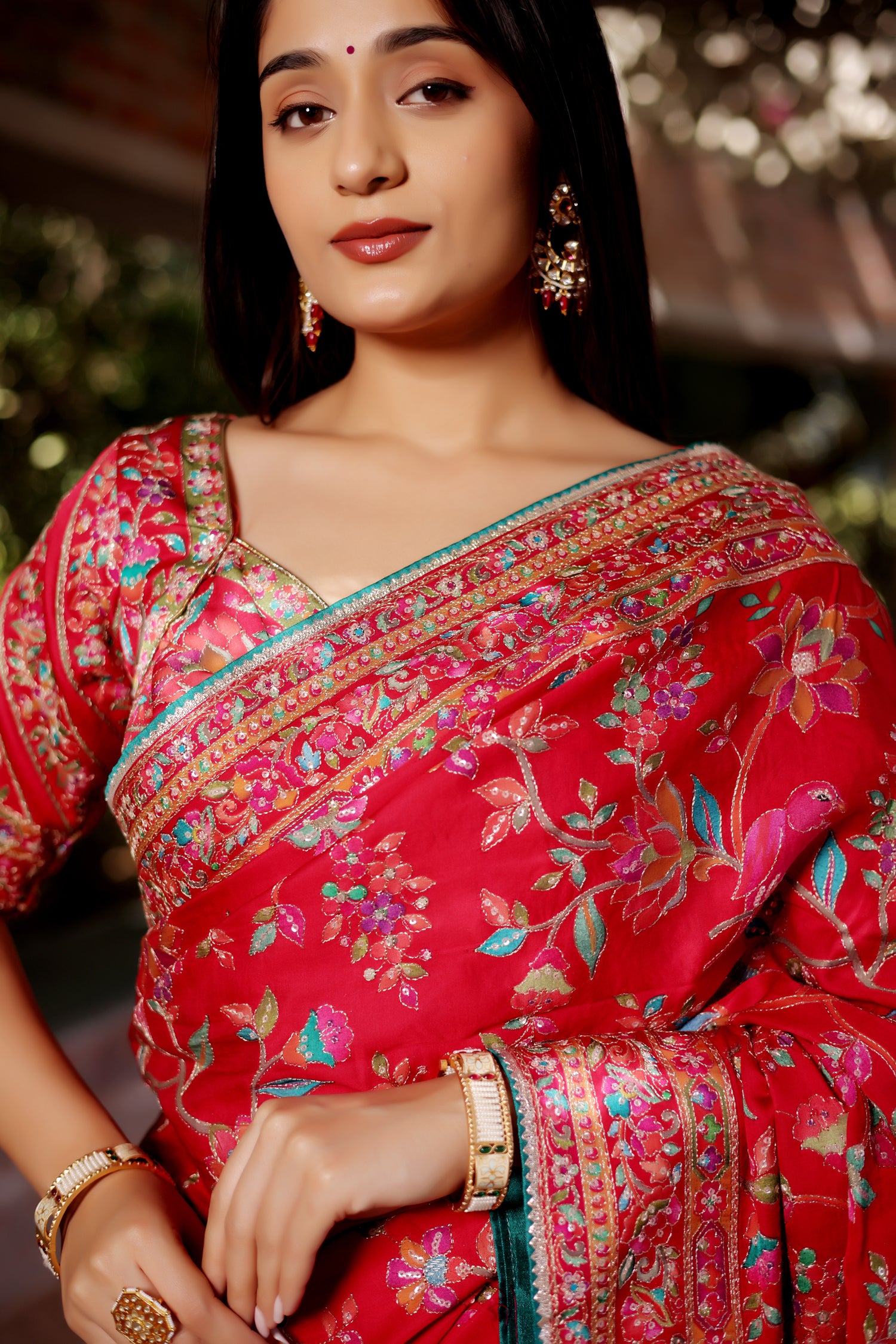 Red Silk Printed Saree with Sequin Embroidery Work - red silk saree embroidery