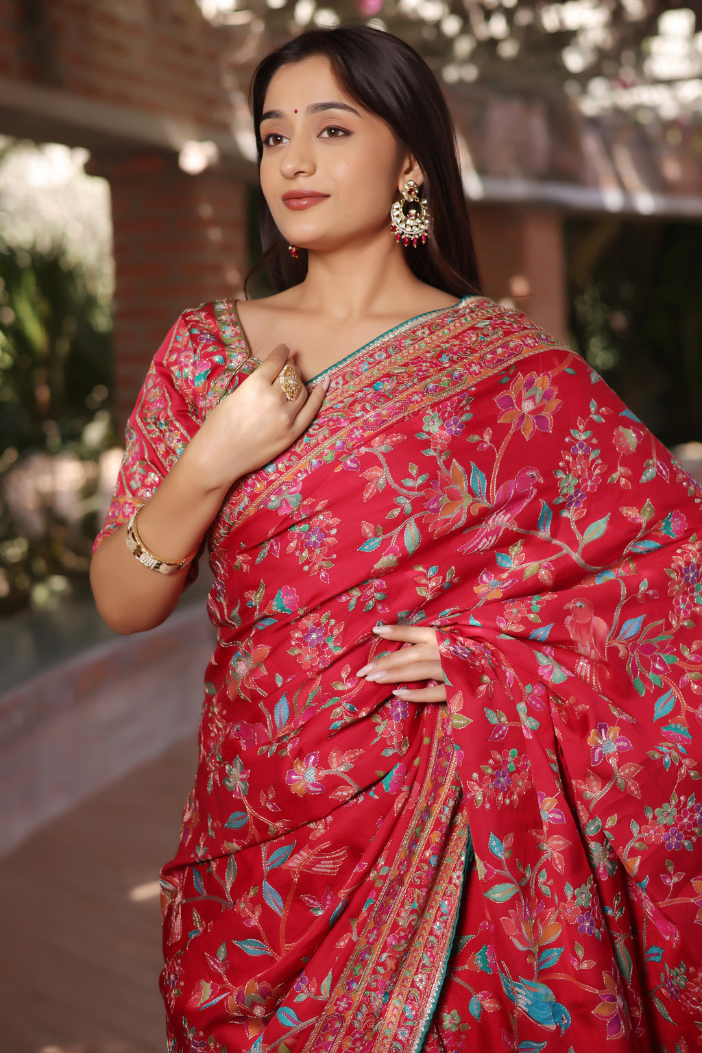 Red Silk Printed Saree with Sequin Embroidery Work - red silk saree embroidery