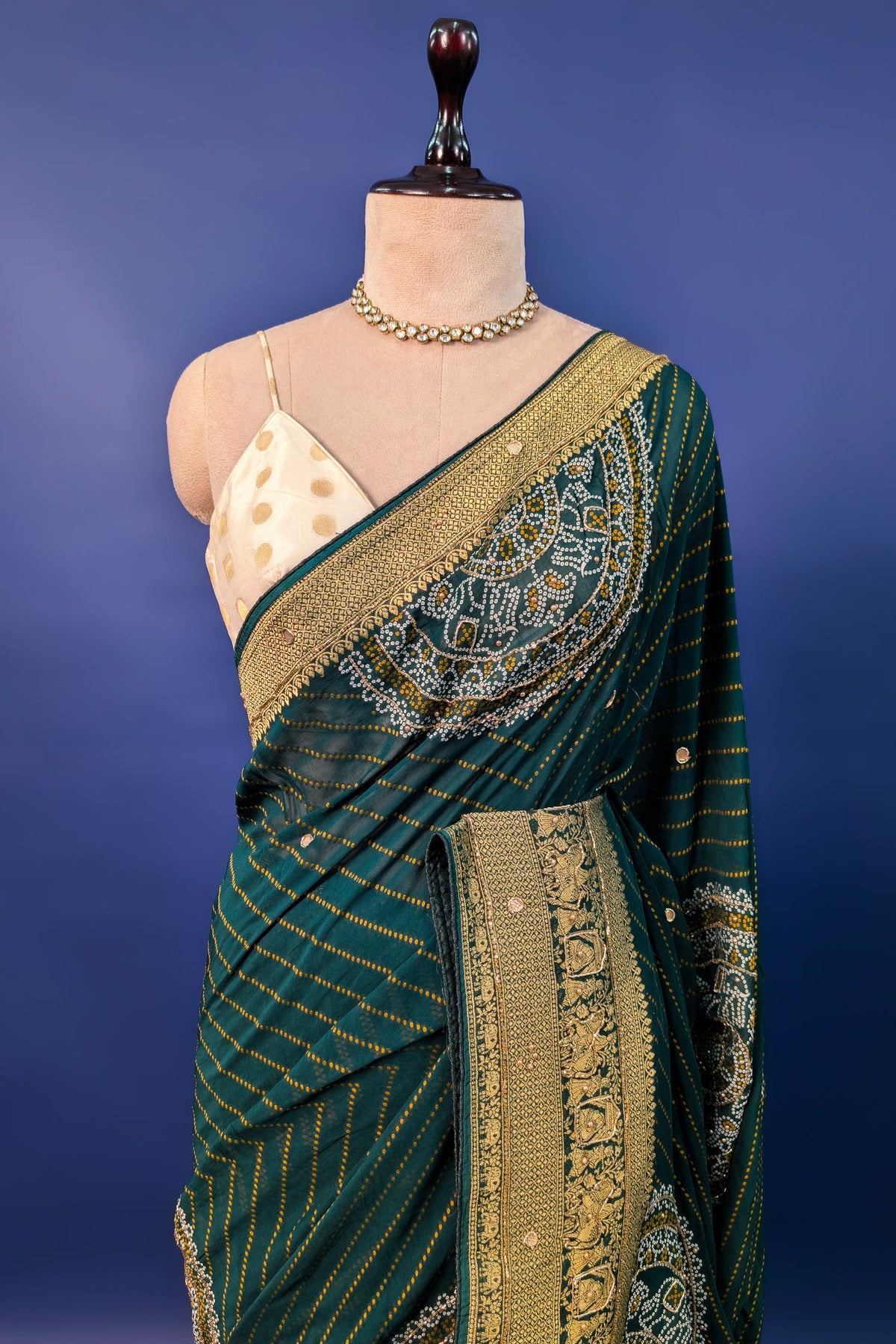 Green Georgette Printed Saree with Woven and Cutdana Worked Pallu - green georgette saree