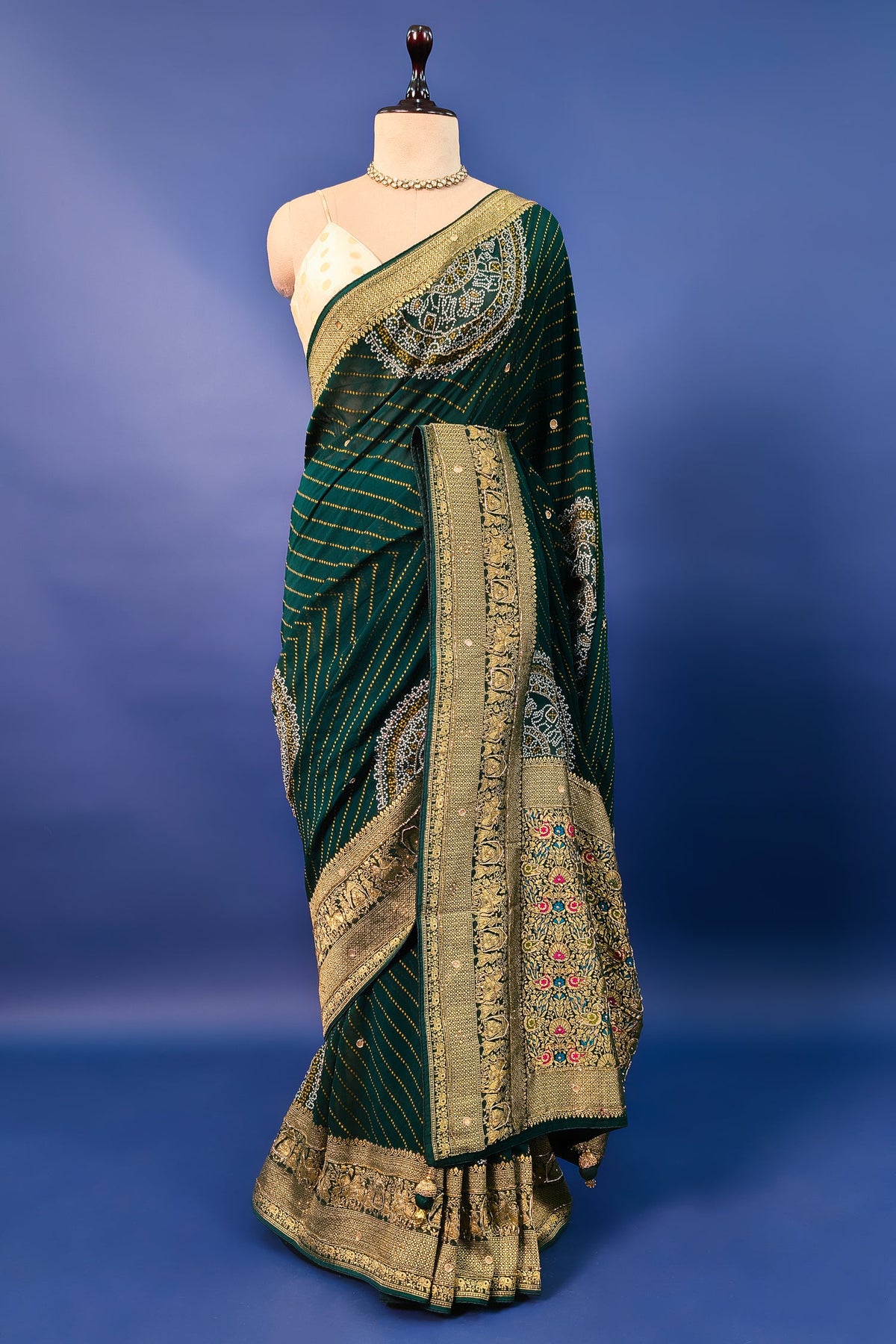 Green Georgette Printed Saree with Woven and Cutdana Worked Pallu - green georgette saree
