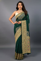 Green Georgette Printed Saree with Woven and Cutdana Worked Pallu - green georgette saree
