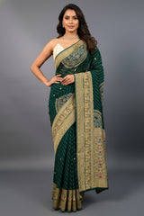 Green Georgette Printed Saree with Woven and Cutdana Worked Pallu