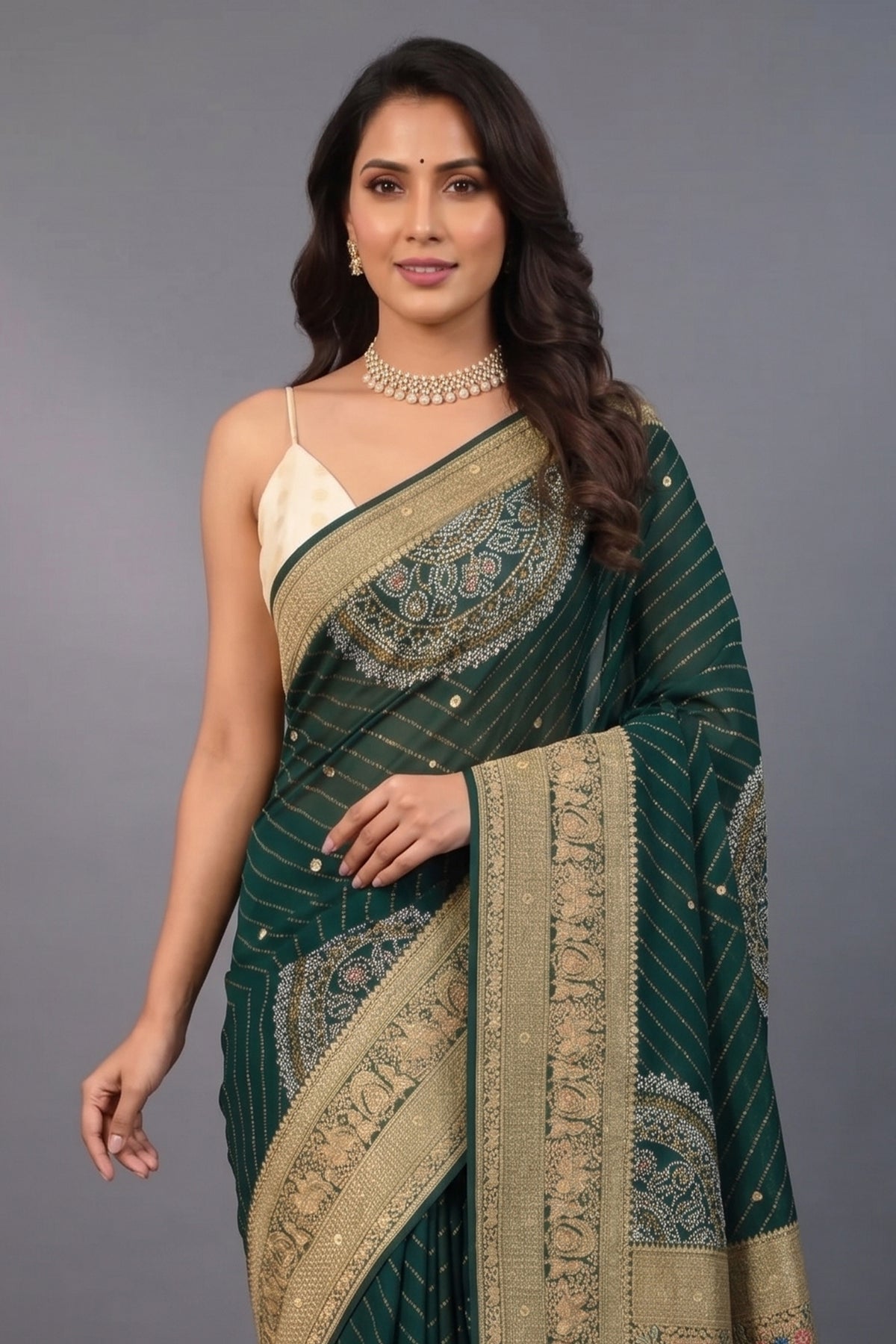 Green Georgette Printed Saree with Woven and Cutdana Worked Pallu - green georgette saree