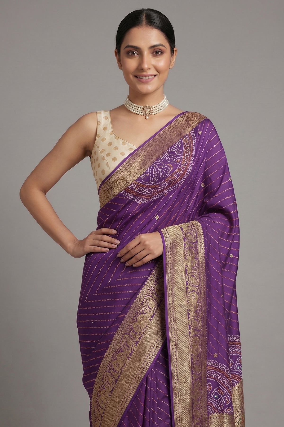 Purple Georgette Printed Saree with Woven and Cutdana Worked Pallu - purple georgette saree