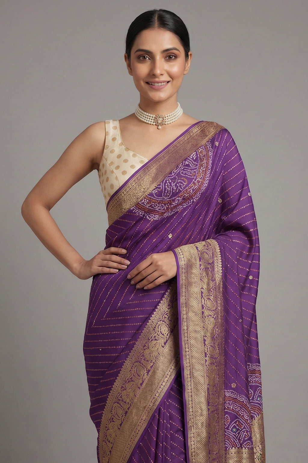 Purple Georgette Printed Saree with Woven and Cutdana Worked Pallu - purple georgette saree