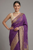 Purple Georgette Printed Saree with Woven and Cutdana Worked Pallu - purple georgette saree