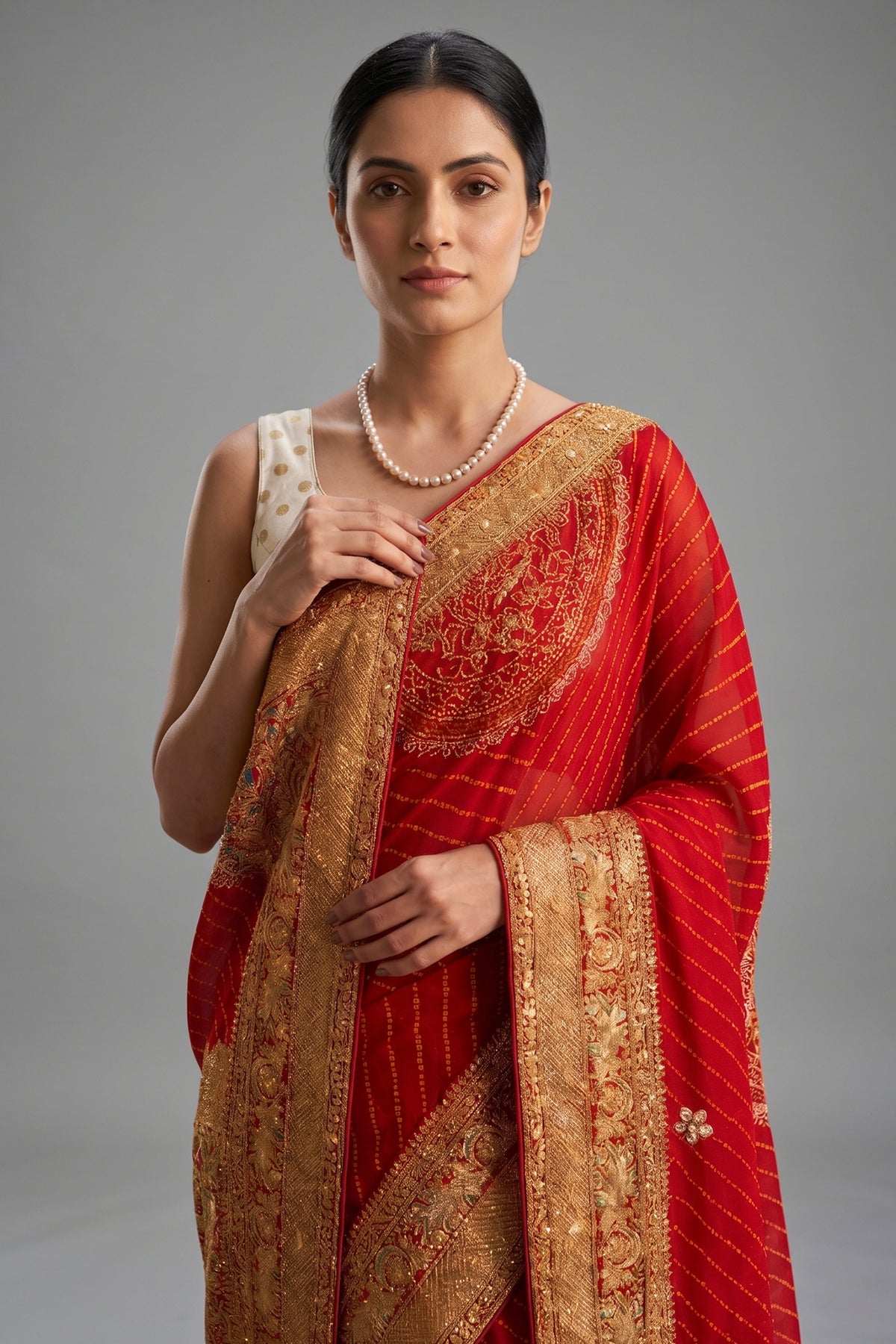 Red Georgette Printed Saree with Woven and Cutdana Worked Pallu - red georgette saree
