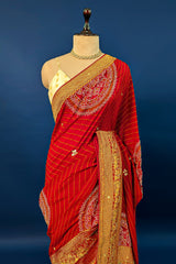 Red Georgette Printed Saree with Woven and Cutdana Worked Pallu