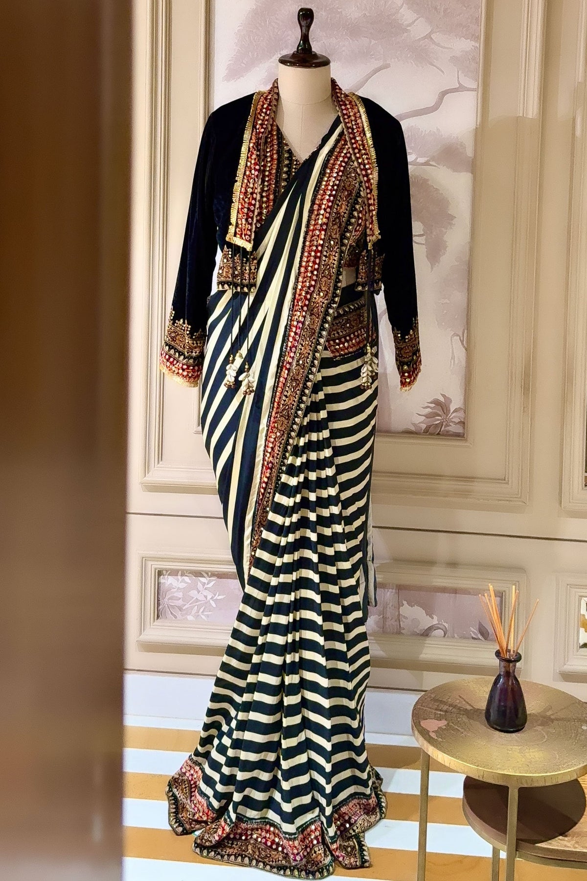 Pearl White Crepe Silk Stripes Printed Pre Draped Saree with Jacket - white silk saree