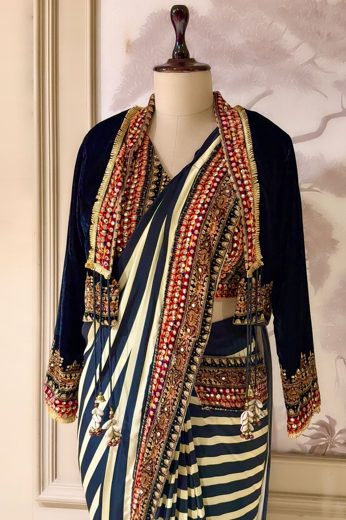 Pearl White Crepe Silk Stripes Printed Pre Draped Saree with Jacket - white silk saree