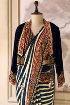 Pearl White Crepe Silk Stripes Printed Pre Draped Saree with Jacket - white silk saree