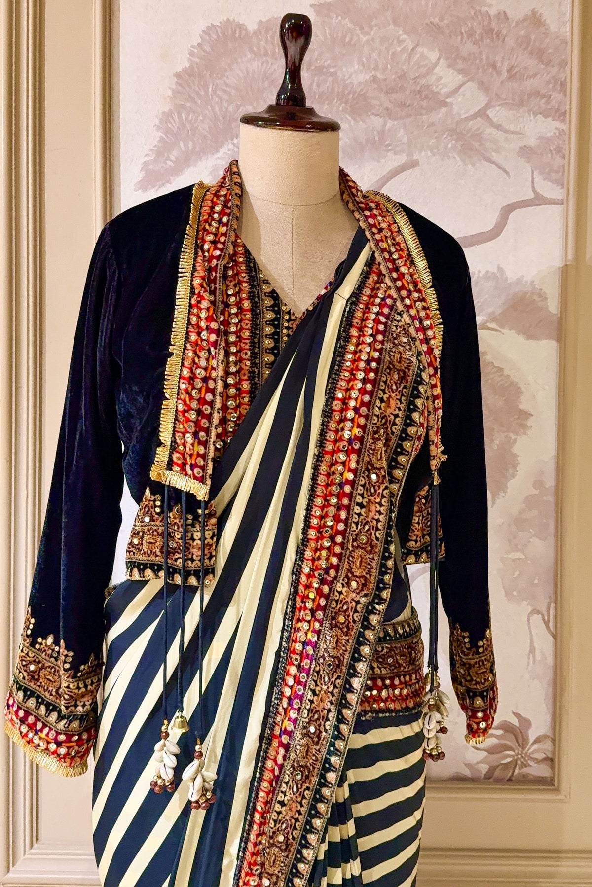 Pearl White Crepe Silk Stripes Printed Pre Draped Saree with Jacket - white silk saree