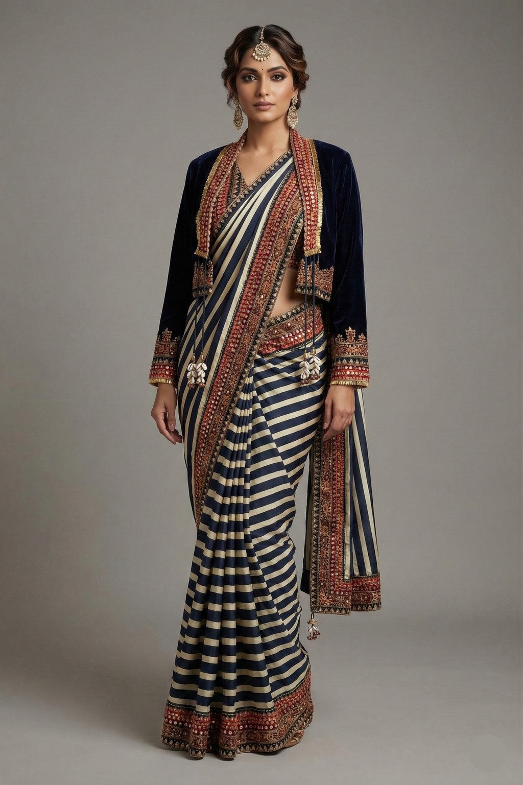 Pearl White Crepe Silk Stripes Printed Pre Draped Saree with Jacket - white silk saree