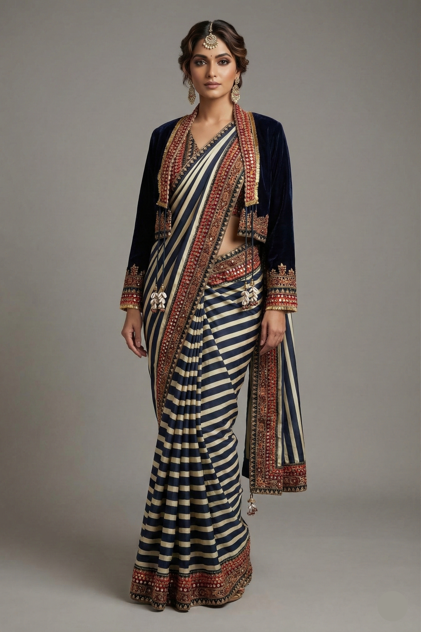Pearl White Crepe Silk Stripes Printed Pre Draped Saree with Jacket - white silk saree