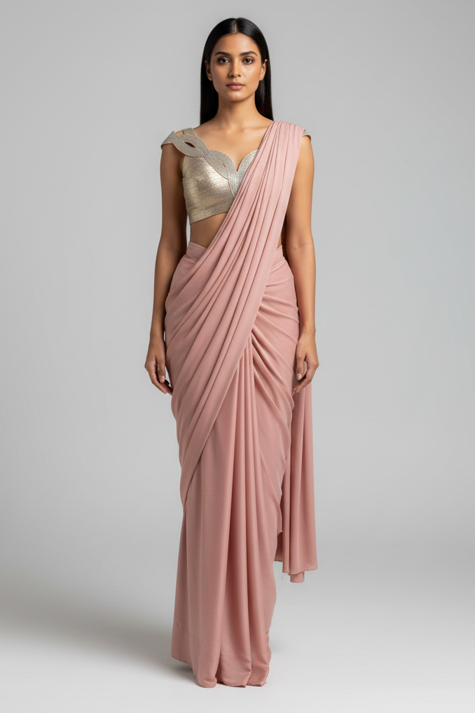 Pink Lycra Net Pre Draped Saree with Structured Blouse - red net saree Main image
