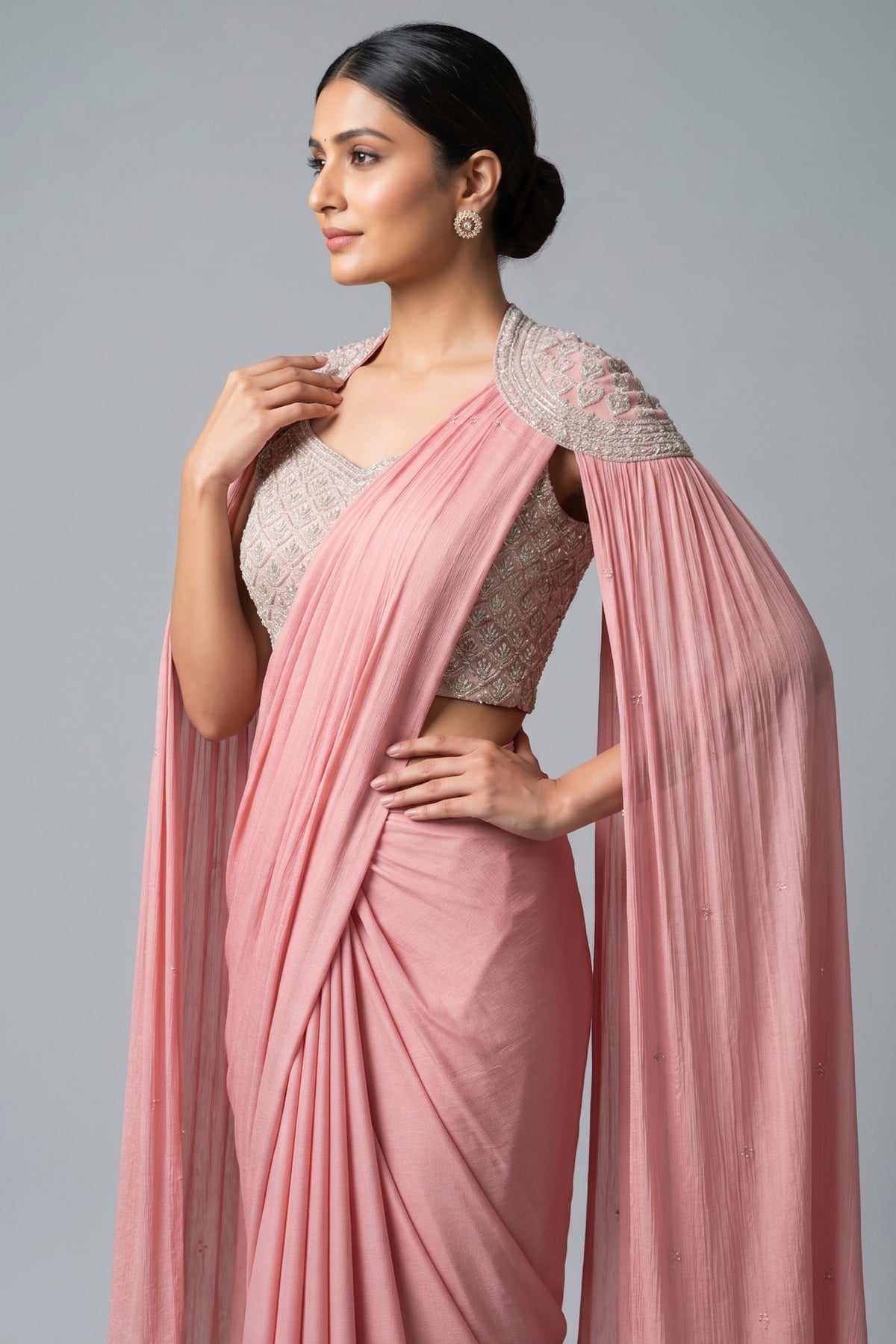 Pink Chinon Silk Sequin Worked Pre Draped Saree with Cape - pink silk saree