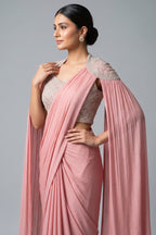 Pink Chinon Silk Sequin Worked Pre Draped Saree with Cape - pink silk saree