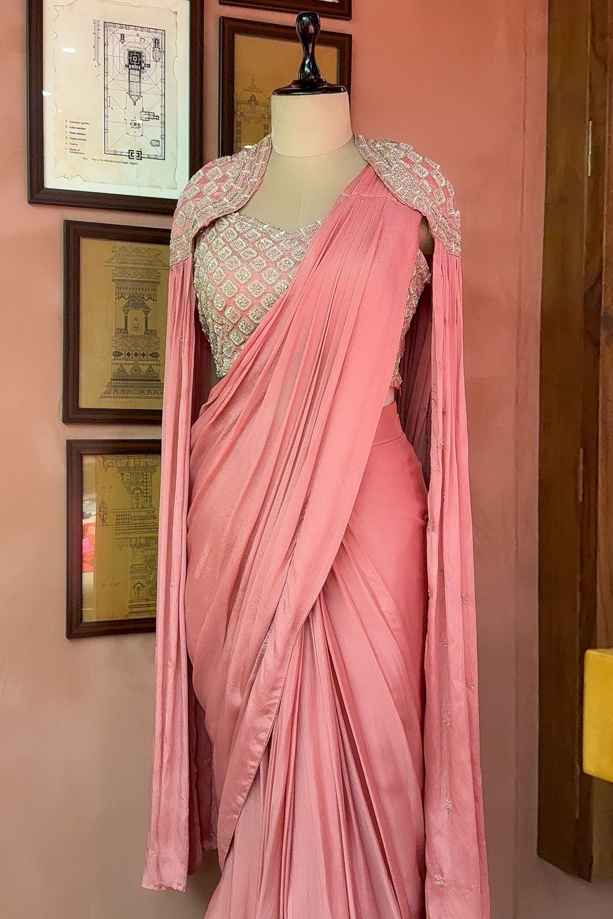 Pink Chinon Silk Sequin Worked Pre Draped Saree with Cape - pink silk saree