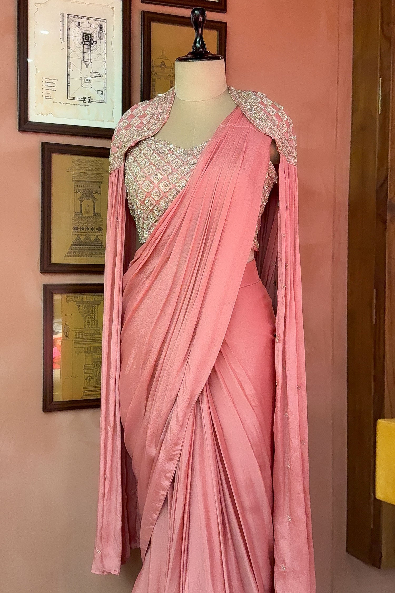 Pink Chinon Silk Sequin Worked Pre Draped Saree with Cape - pink silk saree