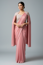 Pink Chinon Silk Sequin Worked Pre Draped Saree with Cape - pink silk saree
