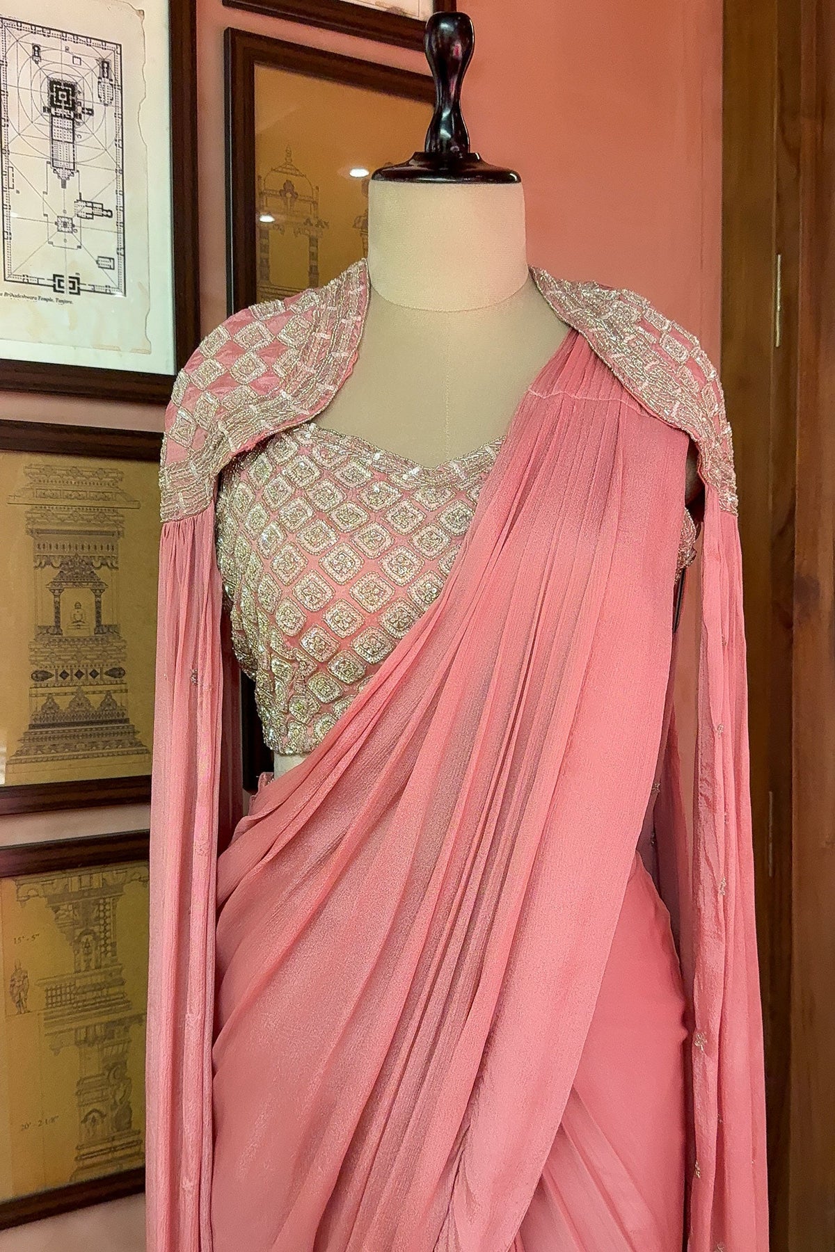 Pink Chinon Silk Sequin Worked Pre Draped Saree with Cape - pink silk saree