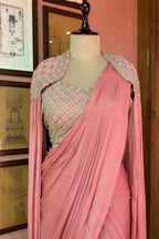 Pink Chinon Silk Sequin Worked Pre Draped Saree with Cape - pink silk saree
