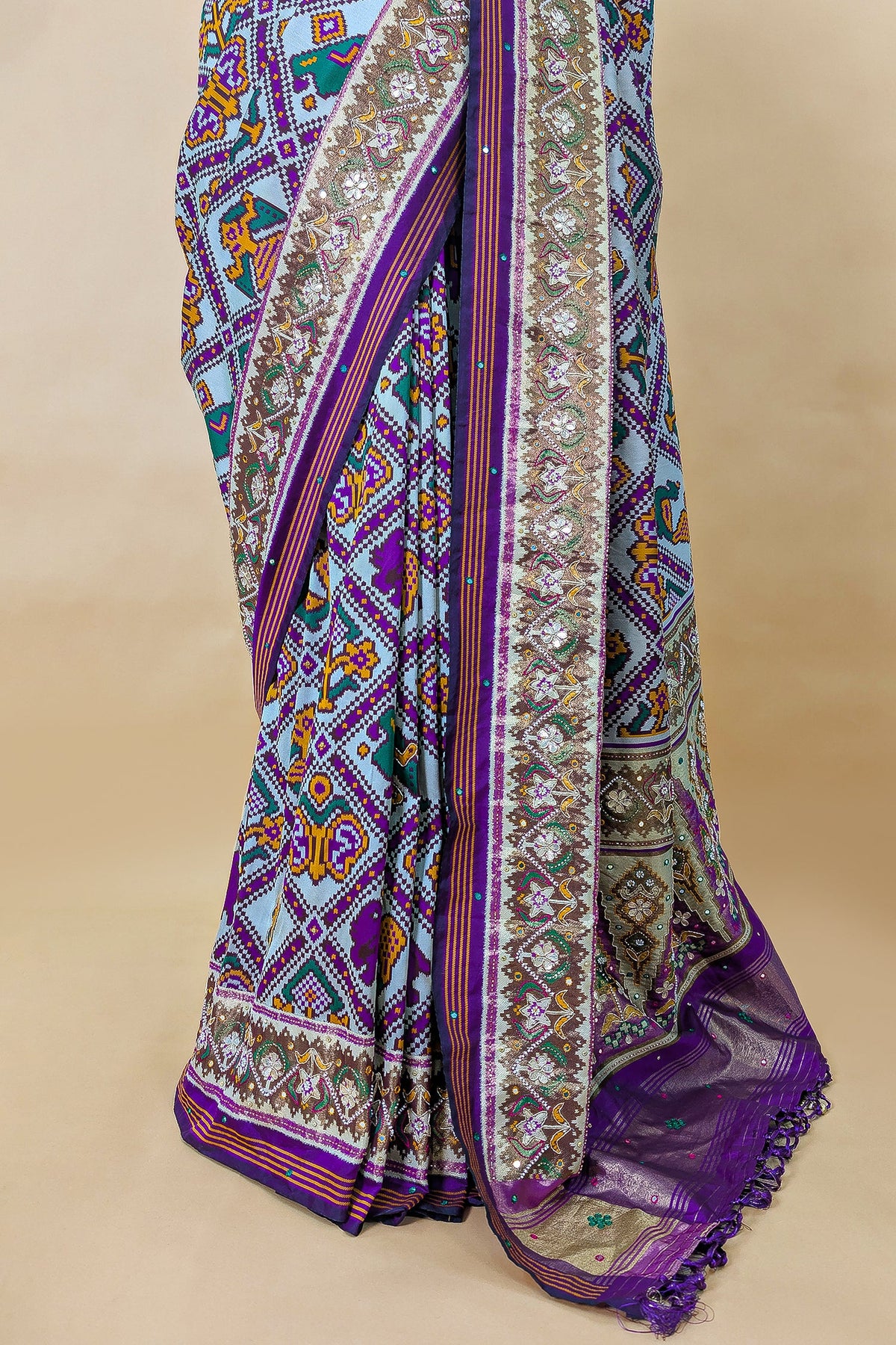 Off White and Purple Silk Traditional Checks Patola Saree - purple silk saree patola