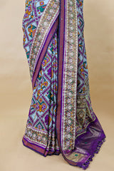 Off White and Purple Silk Traditional Checks Patola Saree