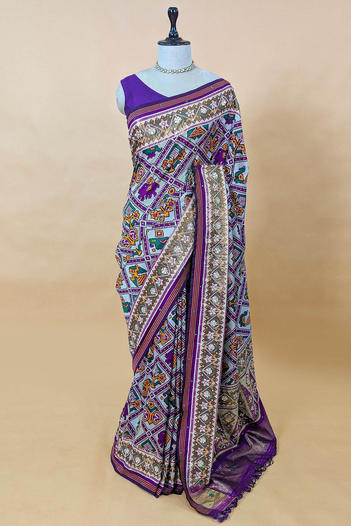 Off White and Purple Silk Traditional Checks Patola Saree - purple silk saree patola