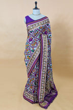 Off White and Purple Silk Traditional Checks Patola Saree - purple silk saree patola