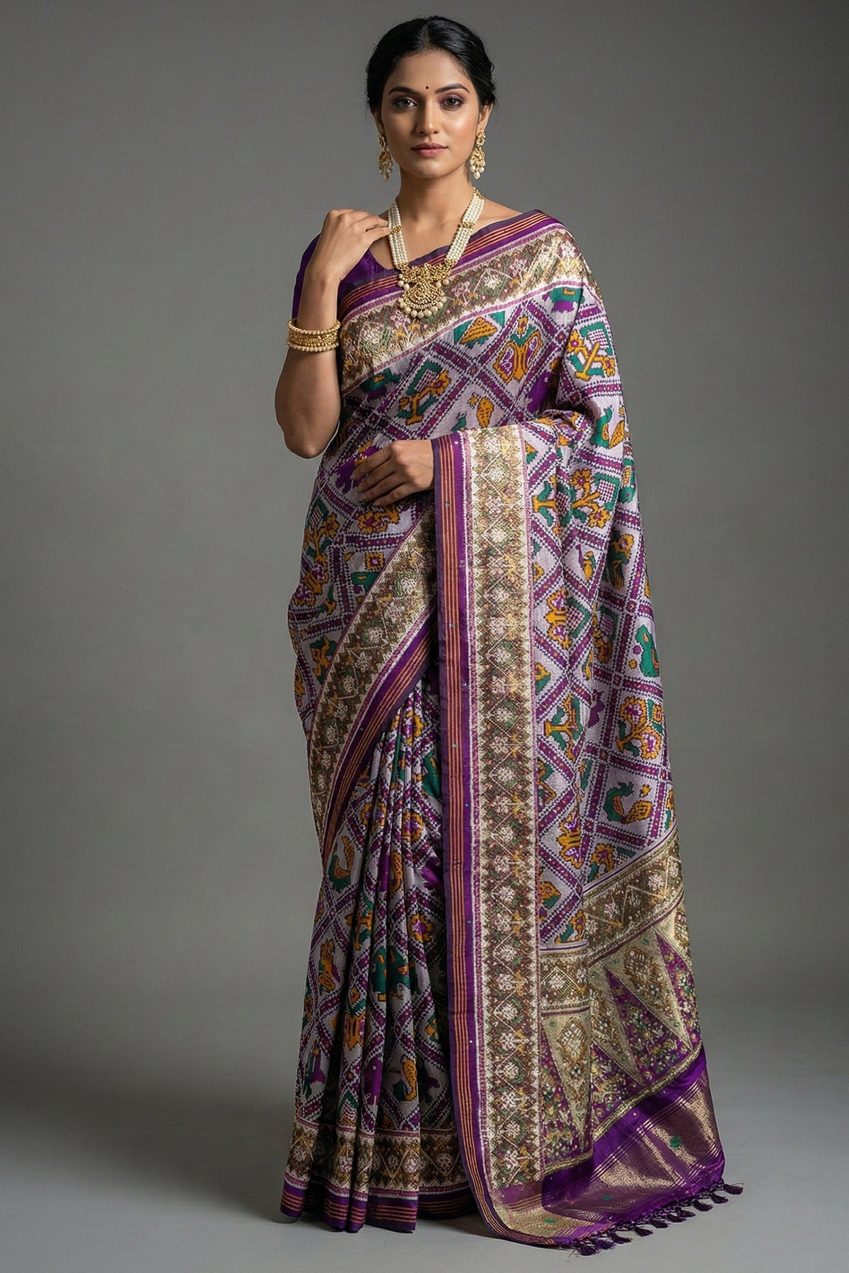Off White and Purple Silk Traditional Checks Patola Saree