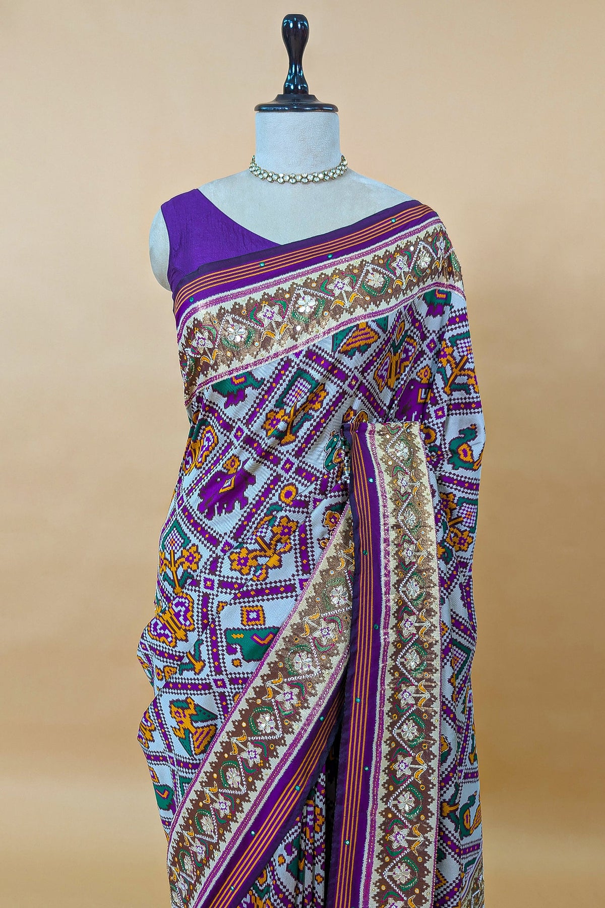 Off White and Purple Silk Traditional Checks Patola Saree - purple silk saree patola