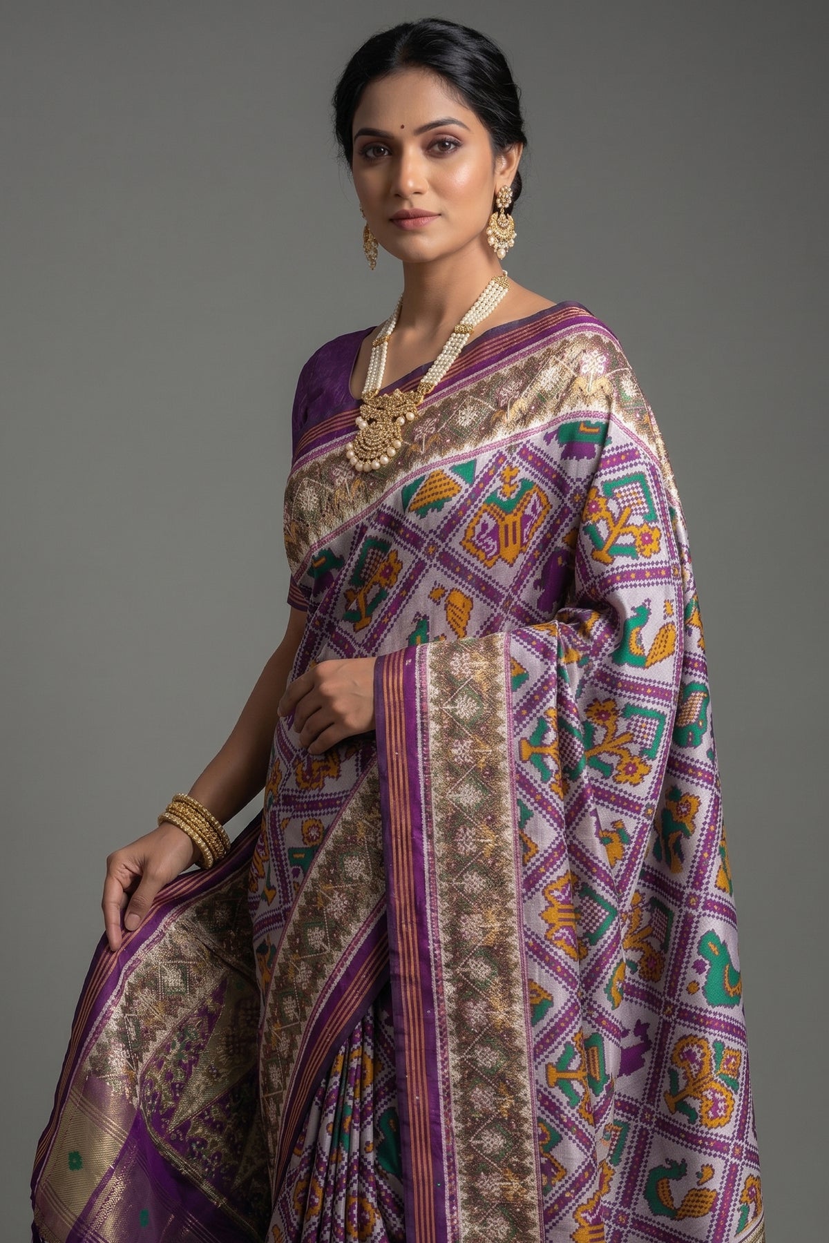 Off White and Purple Silk Traditional Checks Patola Saree - purple silk saree patola