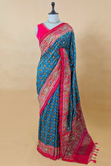 Blue Silk Traditional Woven Checks Woven Saree with Contrast Pallu and Border