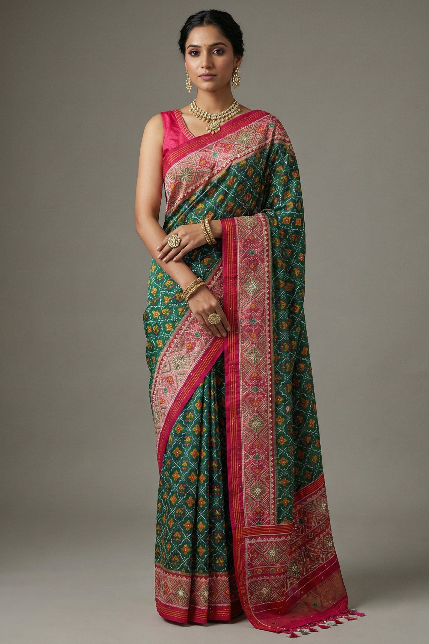 Dark Green Silk Traditional Woven Saree with Contrast Border and Pallu - green silk saree Main image