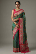 Dark Green Silk Traditional Woven Saree with Contrast Border and Pallu - green silk saree