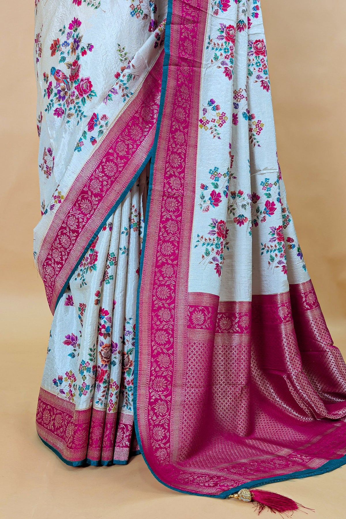 Off White Dola Silk Floral and Bird Motif Saree with Contrast Woven Border and Pallu - white silk saree