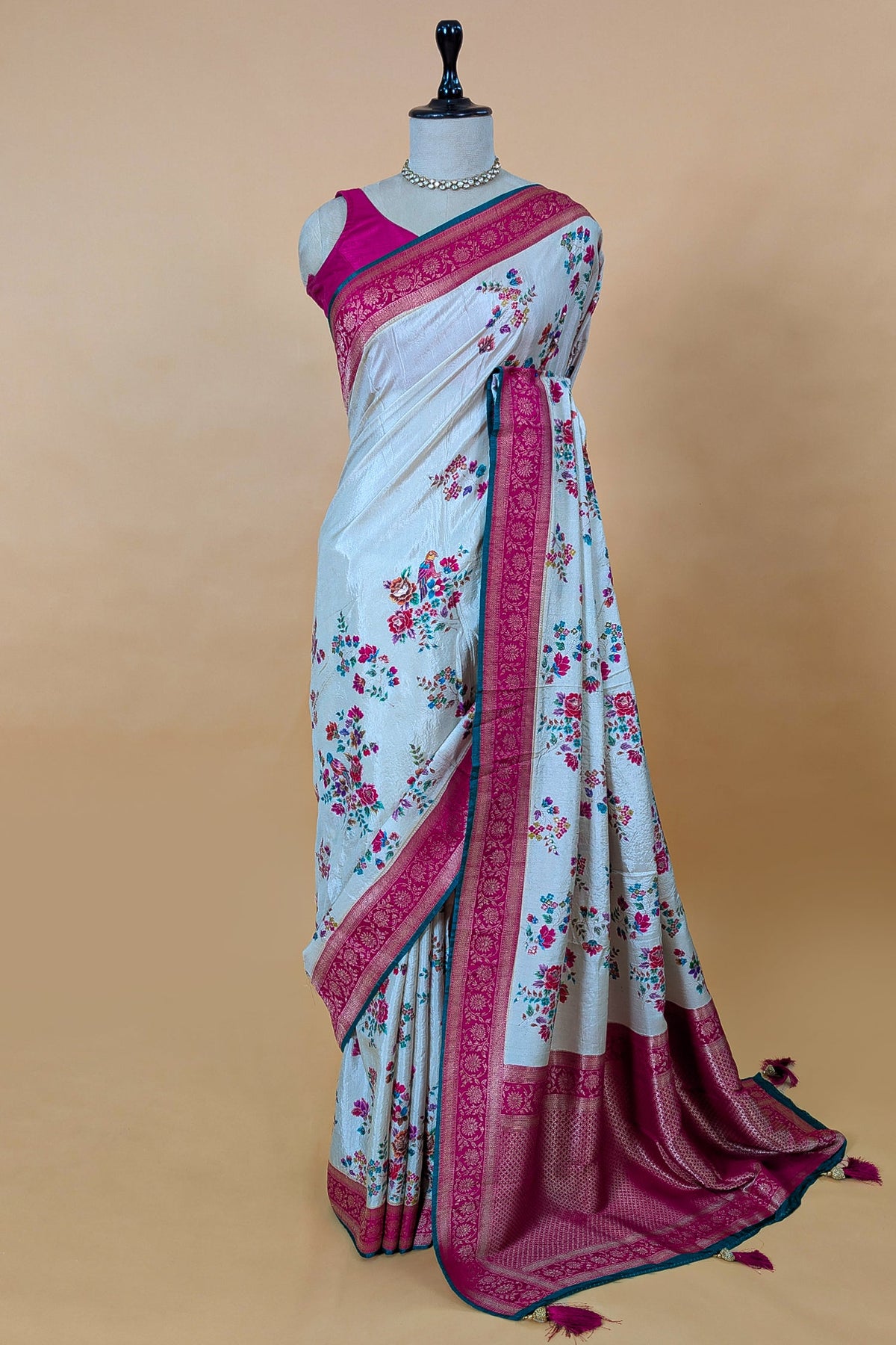 Off White Dola Silk Floral and Bird Motif Saree with Contrast Woven Border and Pallu - white silk saree
