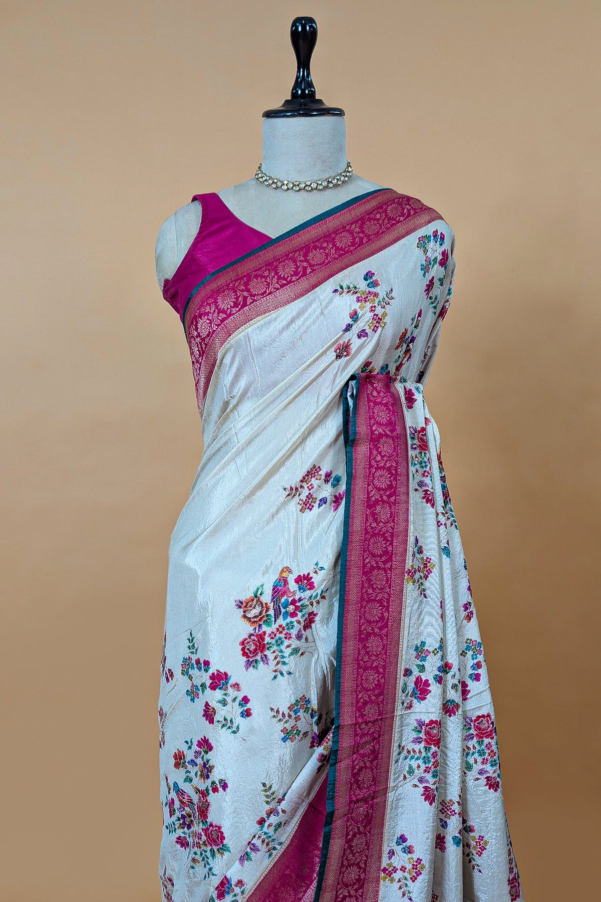 Off White Dola Silk Floral and Bird Motif Saree with Contrast Woven Border and Pallu - white silk saree