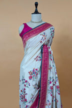 Off White Dola Silk Floral and Bird Motif Saree with Contrast Woven Border and Pallu - white silk saree