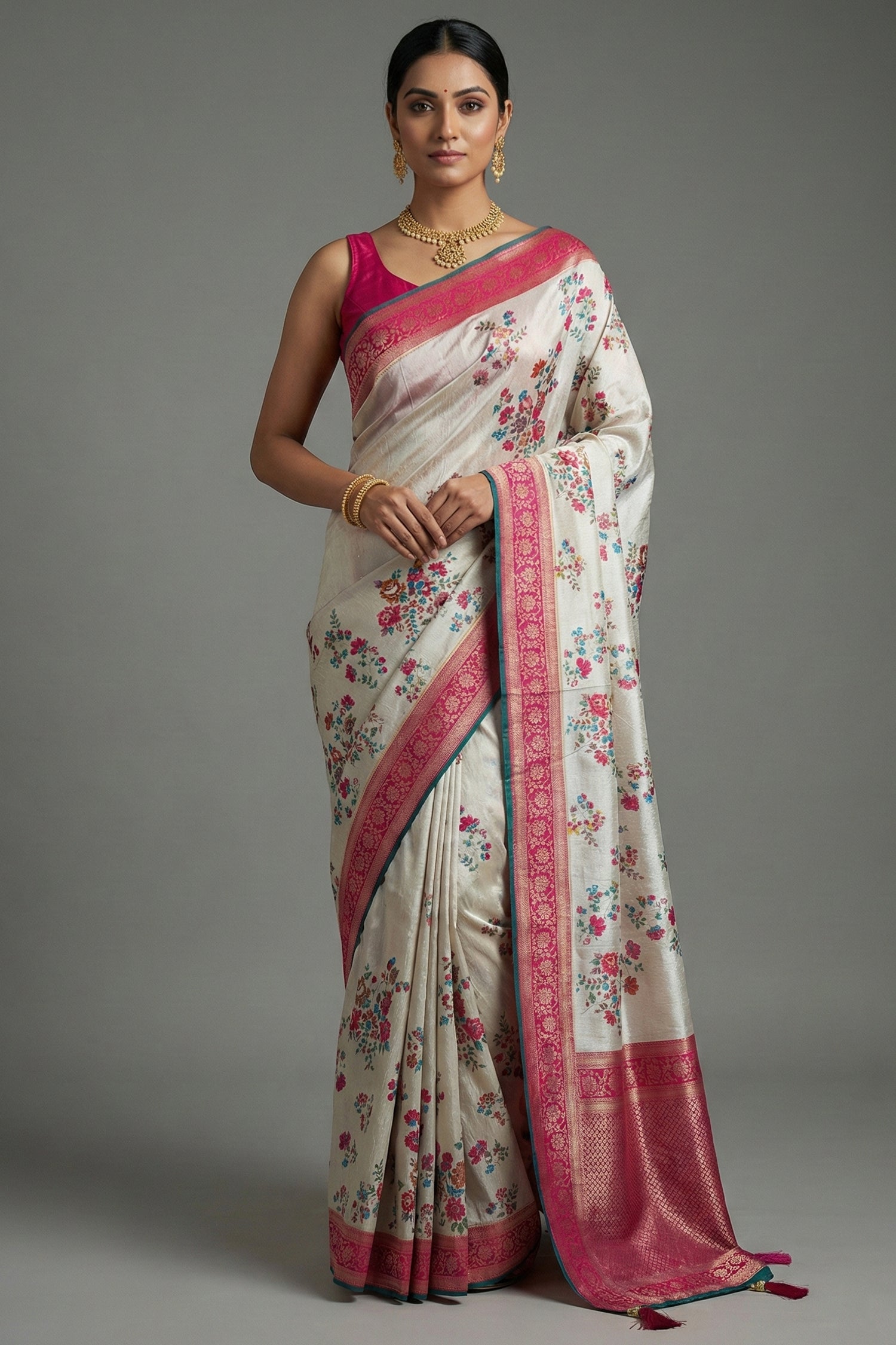 Off White Dola Silk Floral and Bird Motif Saree with Contrast Woven Border and Pallu - white silk saree Main image