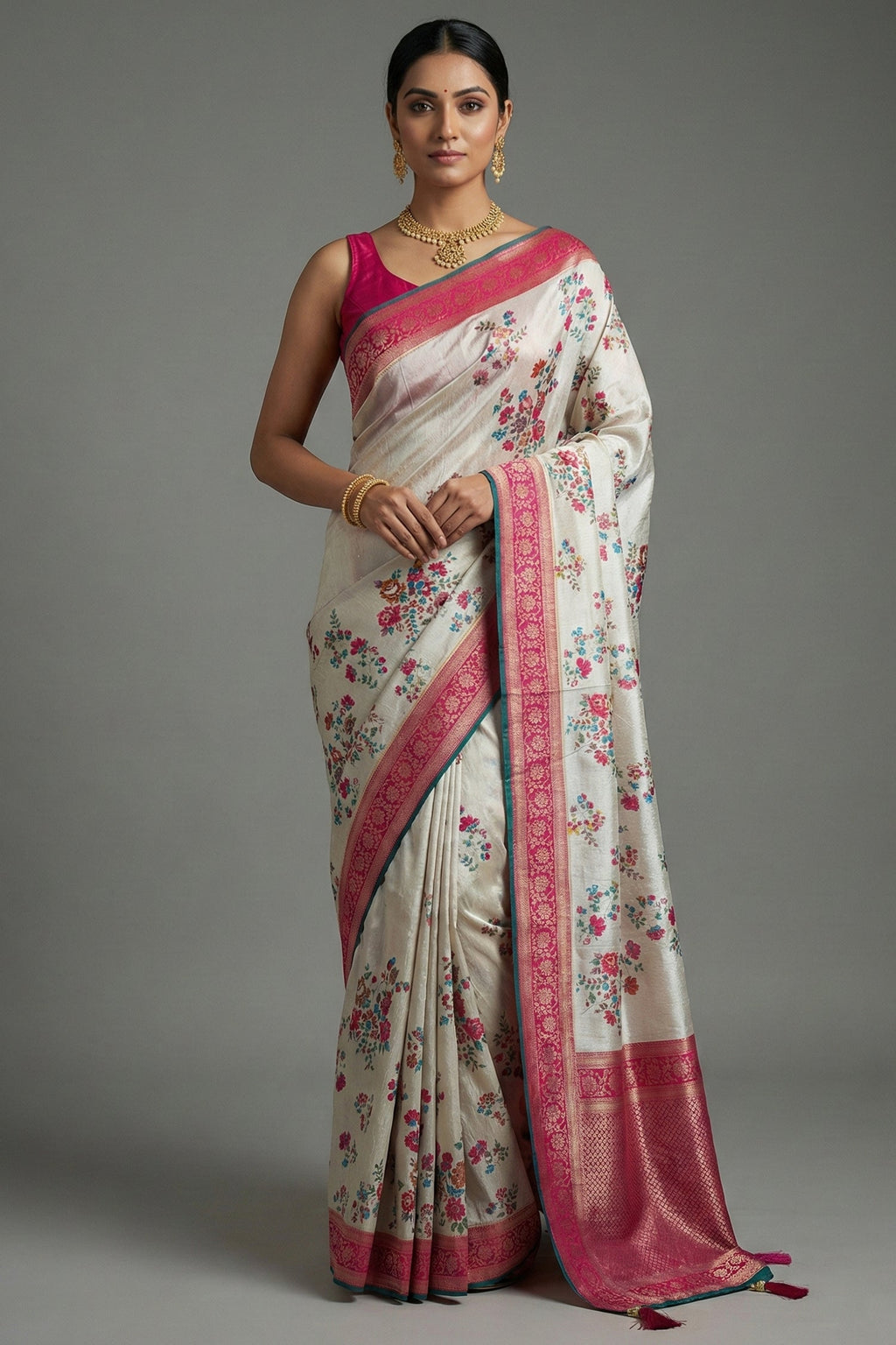 Off White Dola Silk Floral and Bird Motif Saree with Contrast Woven Border and Pallu - white silk saree